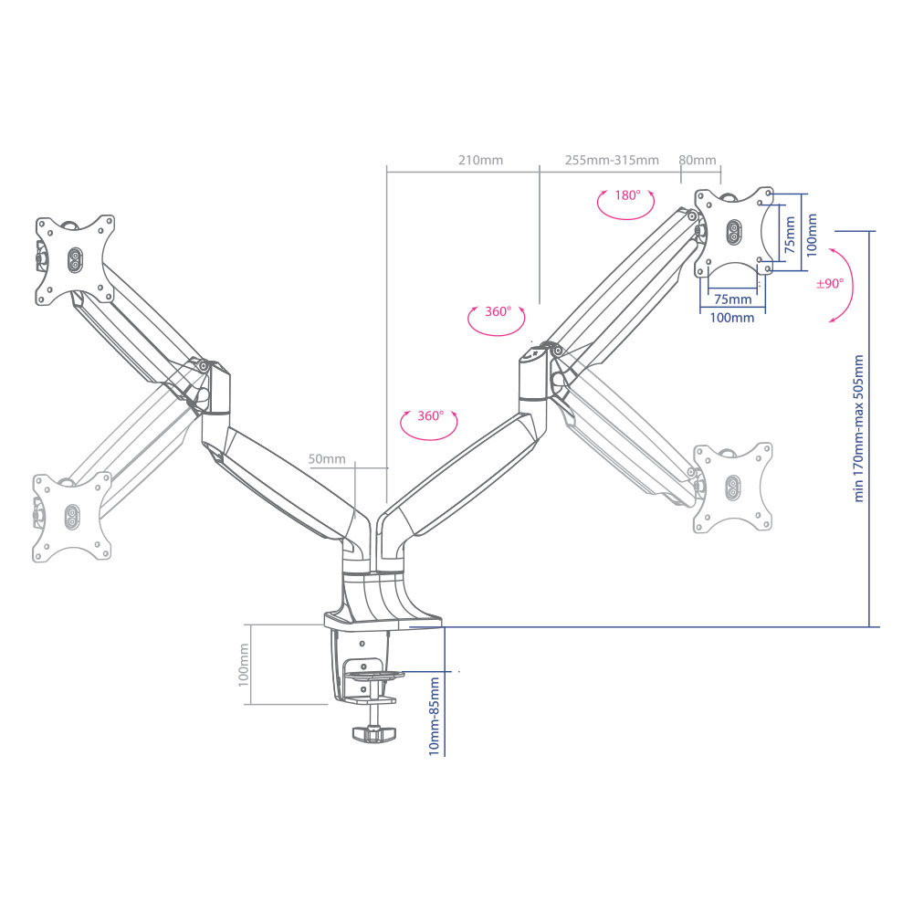 Кронштейн с газлифтом для 2-х мониторов Arm media LCD-T32 Silver_
